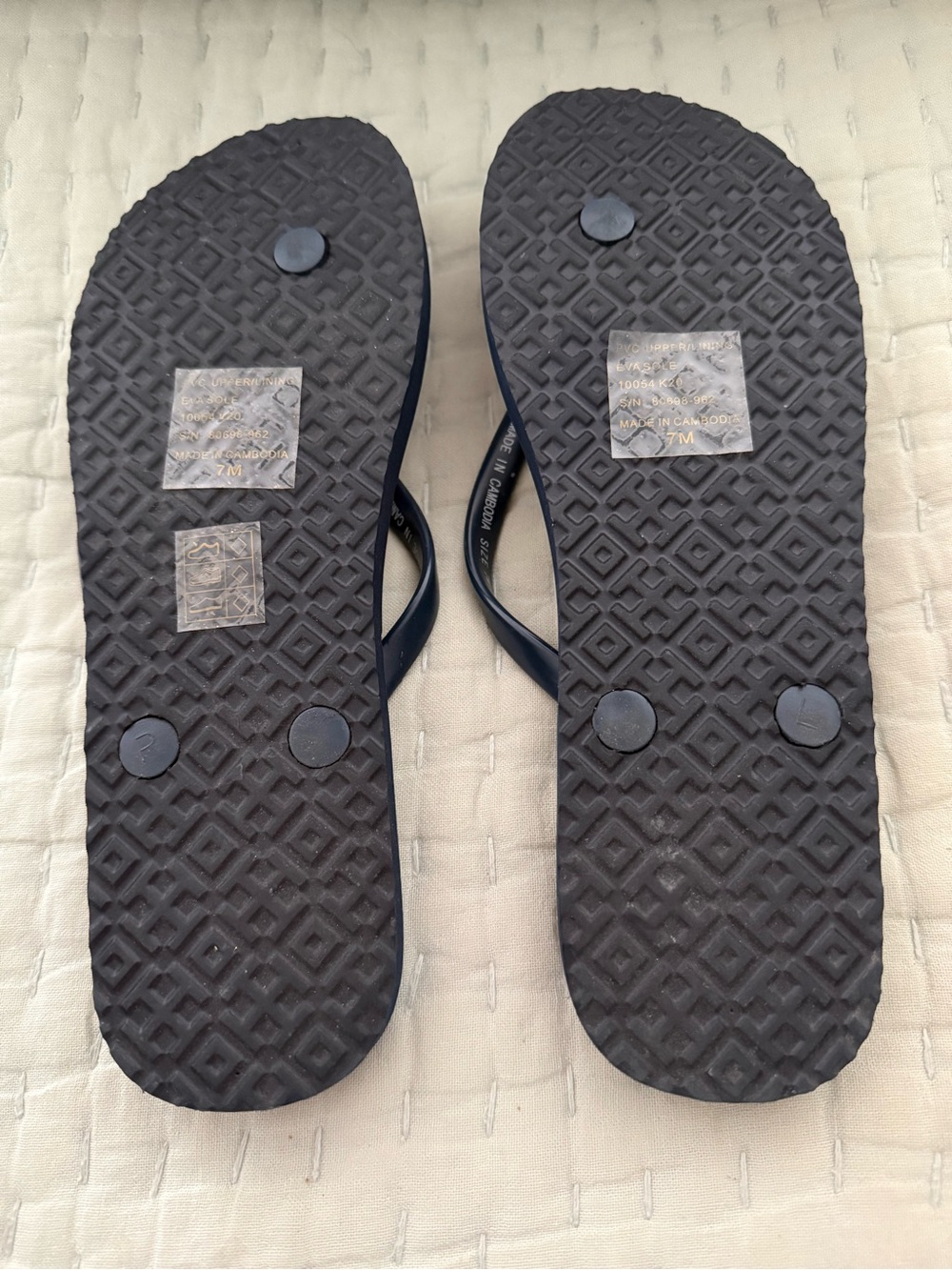 New Tory Burch Navy Strap Flip Flops with Multicolor Logo Print navy base color. - Picture 7 of 10